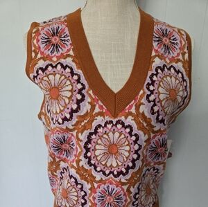 Maeve By Anthropologie Orange and Pink V-Neck Sweater with Bohemian Flair